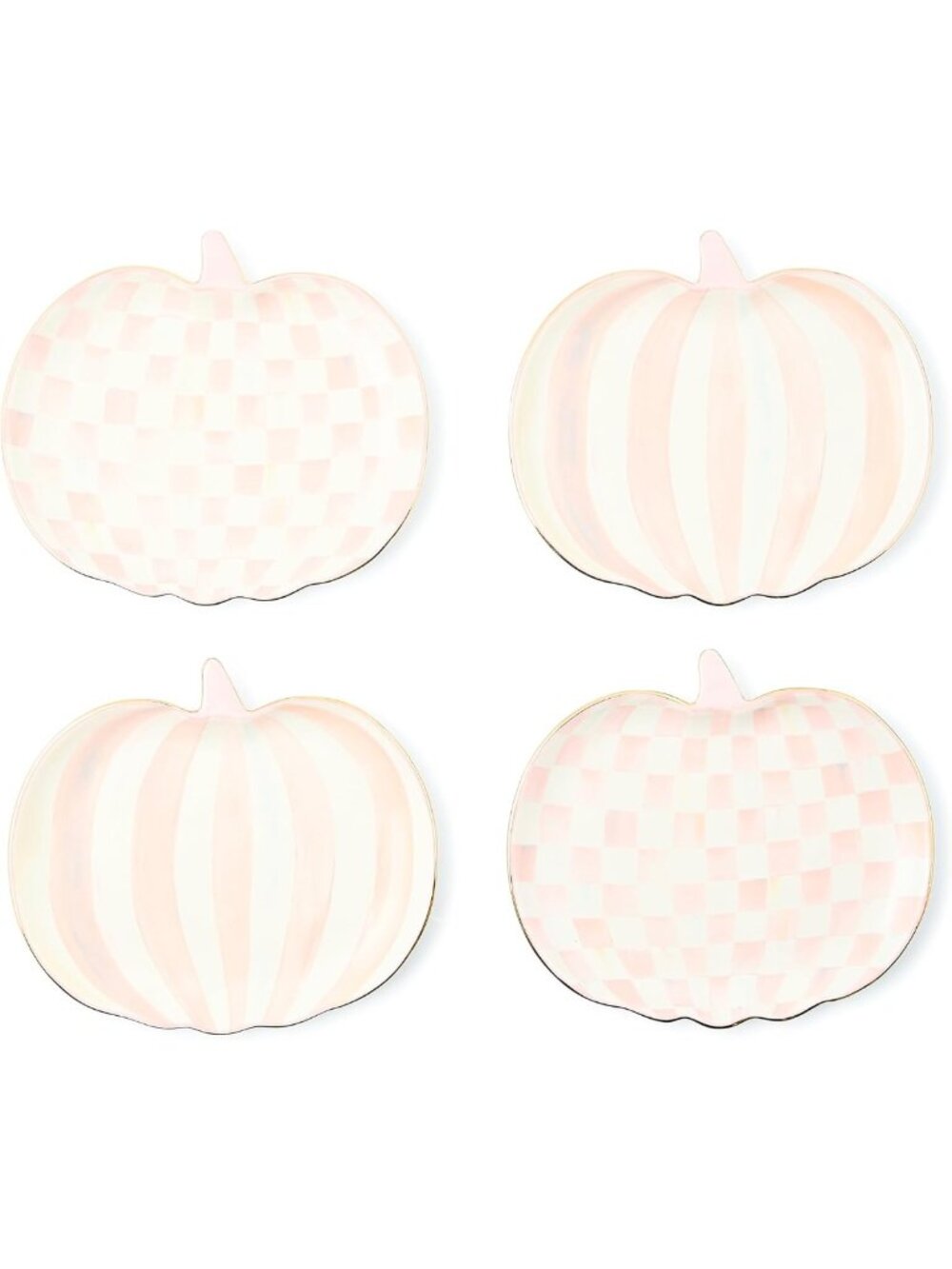 Set of 4 Decorative Ceramic Dessert Plates, Pumpkin & Pink-White Check Design